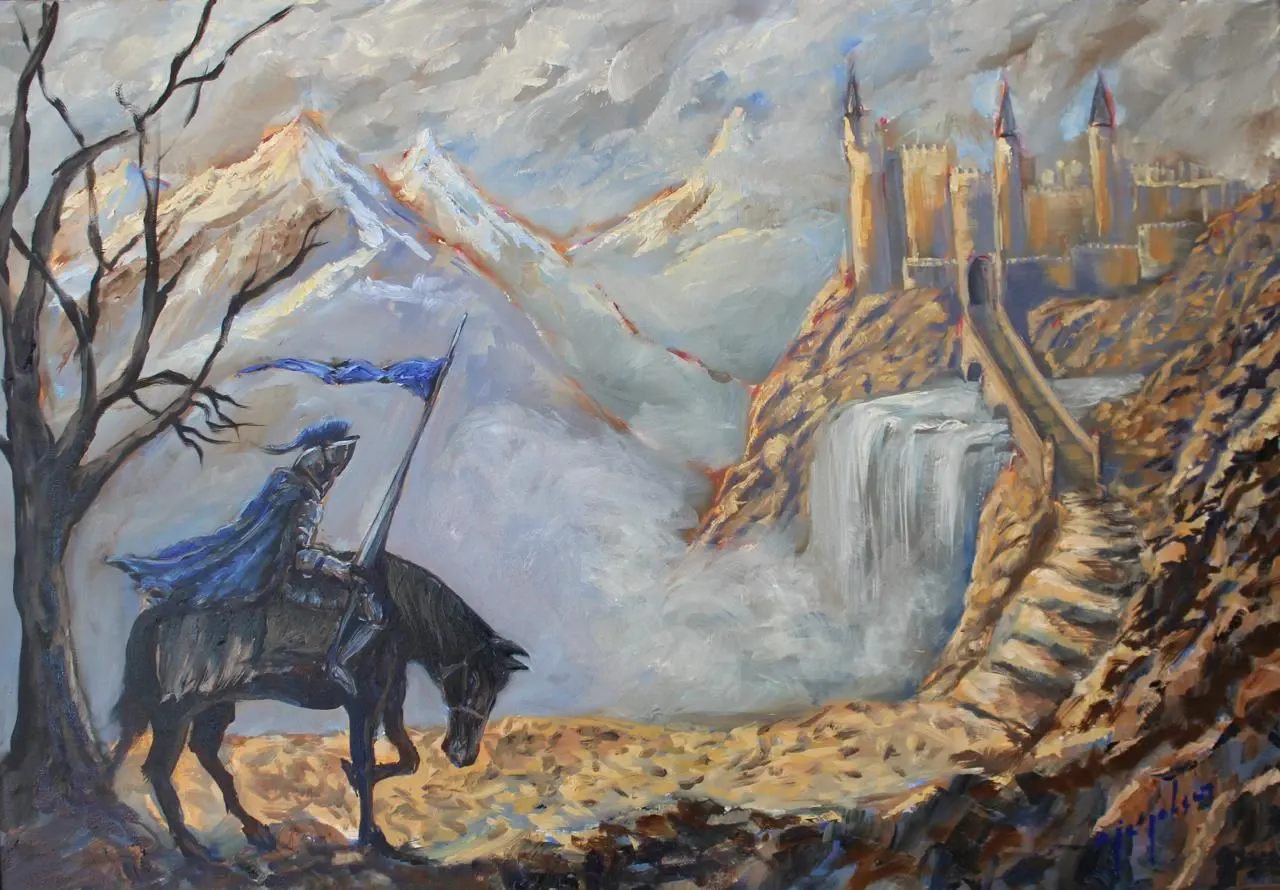 Painting of a knight with a blue banner on horseback, looking across a misty valley to a castle above a waterfall